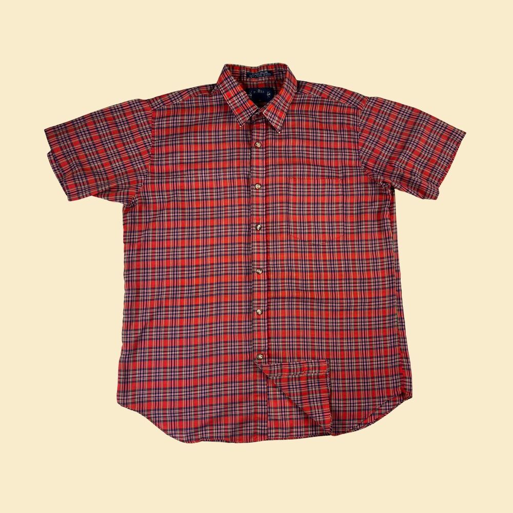 Vintage 80s plaid red shirt by Pioneer, size M-L, 1980s red/blue top
